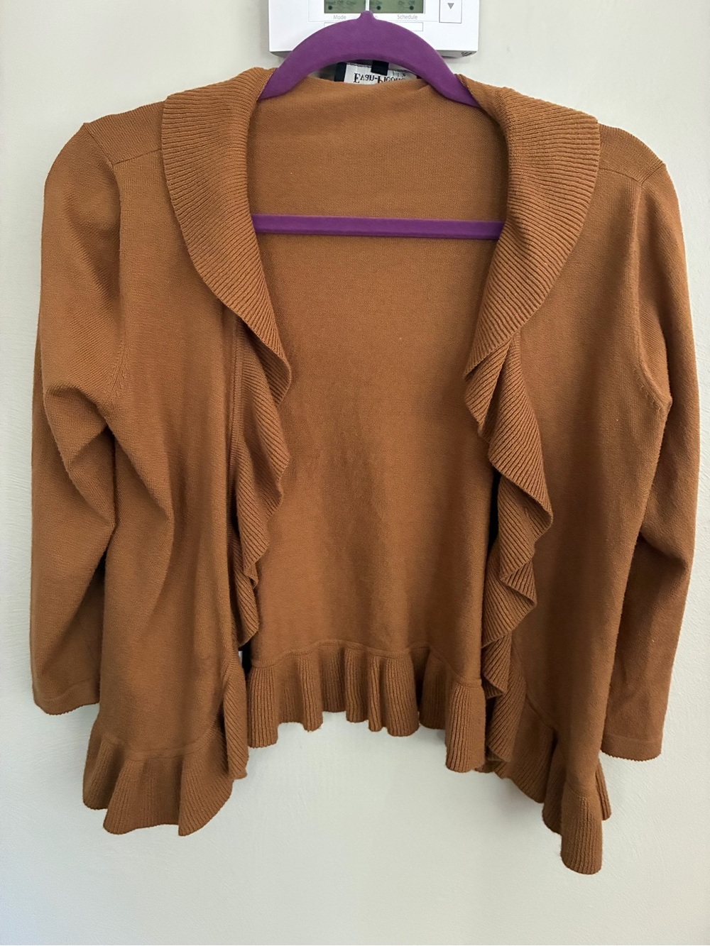 Evan Picone Ruffle-Trim Open Cardigan Sweater - Camel Brown